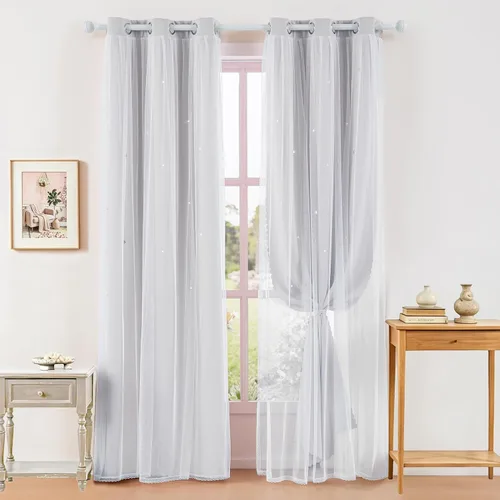 Vista 20 de indistar Cortinas opacas con recortes de estrellas para dormitorio de niña, cortinas de oscurecimiento para habitación de bebé, cortinas