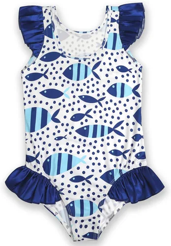 Vista 2 de LUOUSE Traje de baño de playa de una pieza con volantes estampados para niñas 4-9 T