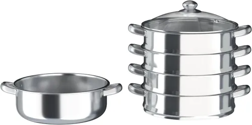 Vista 9 de Olla de vapor para cocinar olla de vapor de acero inoxidable de 5 niveles con tapa, ollas de vapor de 11.8 pulgadas, utensilios de cocina con mango