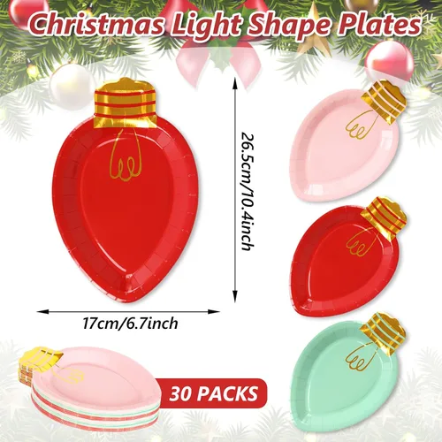 Vista 2 de Whaline 30 platos de papel de Navidad con forma de luces desechables para cena y fiesta, vajilla de vacaciones para postres ensaladas, aperitivos
