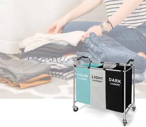 Vista 4 de Cesta de lavandería de 240L, cesta de almacenamiento grande, organizador de 3 secciones para ropa sucia, juguetes, toalla, 16 x 30 x 35 pulgadas