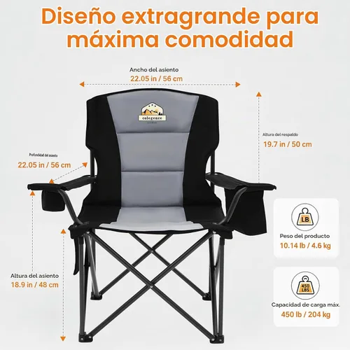 Vista 5 de Sillas de campamento de gran tamaño, paquete de 2 – Silla de campamento plegable resistente de 450 libras, sillas plegables para exteriores anchas