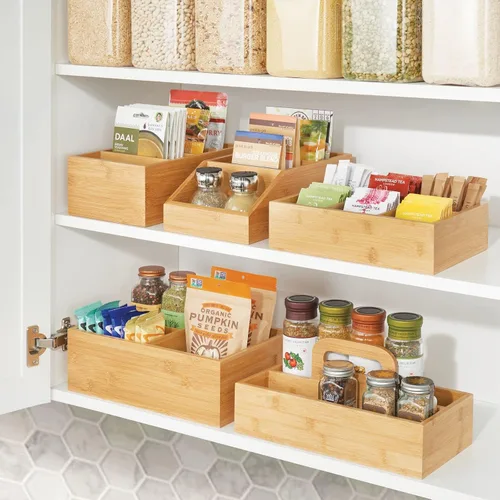 Vista 7 de mDesign Caja organizadora de bambú para almacenamiento de té y alimentos, estuche de madera para bolsas de té, café, aperitivos, azúcar