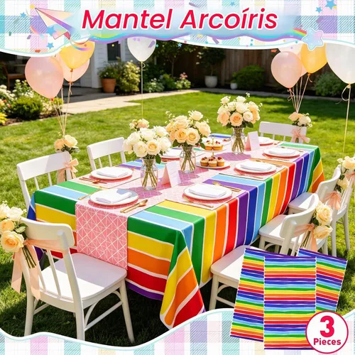 Vista 5 de PHOGARY Paquete de 3 manteles con temática de arco iris para decoración de fiestas, manteles rectangulares de plástico desechables, mantel de fiesta