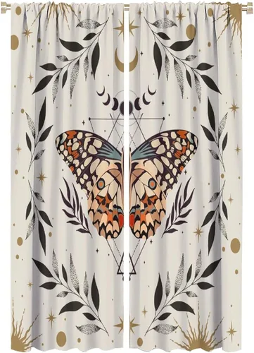 Vista 20 de Cortinas de mariposa de fantasía, polilla, sol, luna, estrella, arte floral, estampado floral, bolsillo para barra, cortinas opacas para ventana