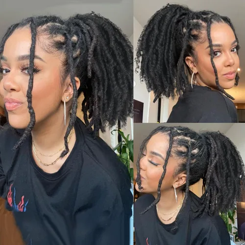 Vista 6 de Extensiones de cola de caballo de rastas para mujer, cola de caballo con cordón negro con extremos rizados, rastas sintéticas de diosa, extensiones
