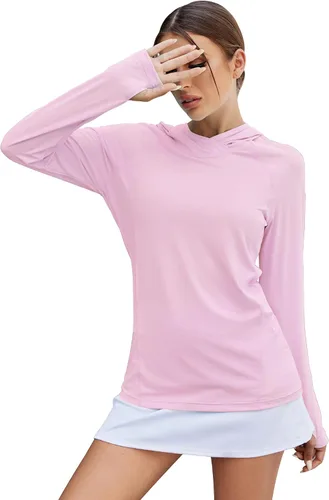 Vista 10 de LUYAA - Sudaderas con capucha para mujer, protección solar UPF 50+, transpirables, elásticas, para senderismo, manga larga, para correr Beige