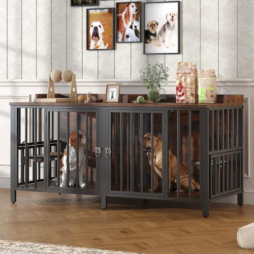 Vista 11 de BOINN Mueble plegable para perros de 41.3 pulgadas, no se ensambla, para perros de interior, jaulas de madera para perros con cuencos giratorios