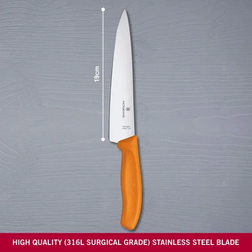 Vista 3 de Victorinox Swiss Classic, Cuchillo de trinchar, hoja extraafilada, borde recto, 7.5 in, mango de plástico, acero inoxidable, naranja