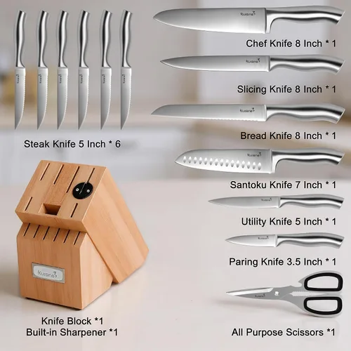 Vista 2 de Kuisine Juego de Cuchillos de Chef Afilados Mejorados con Bloque, Moldeado de Una Pieza de Acero Inoxidable de Alto Carbono Forjado, Juego de Bloque
