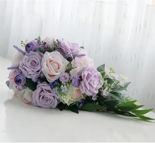 Vista 7 de MOJUN Ramos de boda para novia, rosa morada, taro, gota de agua, ramo de novia en cascada para novia, ramo de novia en cascada para ceremonia de F