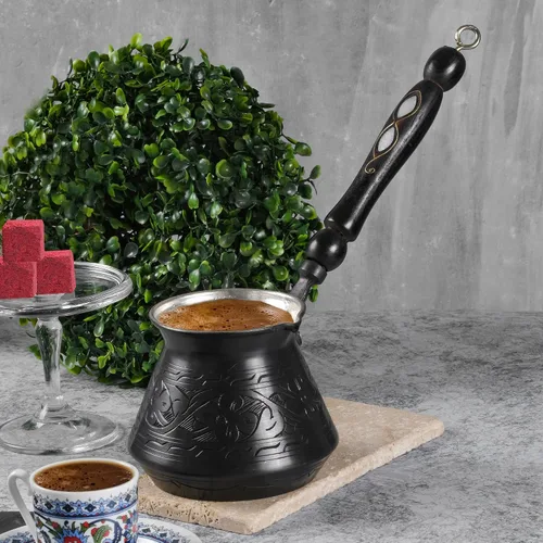 Vista 8 de BCS Cezve Briki Ibrik - Cafetera de cobre grande de 18 onzas con mango de madera (6 porciones), cafetera para estufa Cezve Briki Ibrik