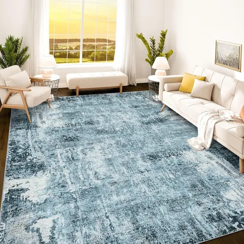 Vista 319 de Istana Alfombra larga antideslizante de 2.5 x 8 para el hogar, para pasillo y cocina, lavable, sedosa y suave al tacto, elegante, color azul y marfil