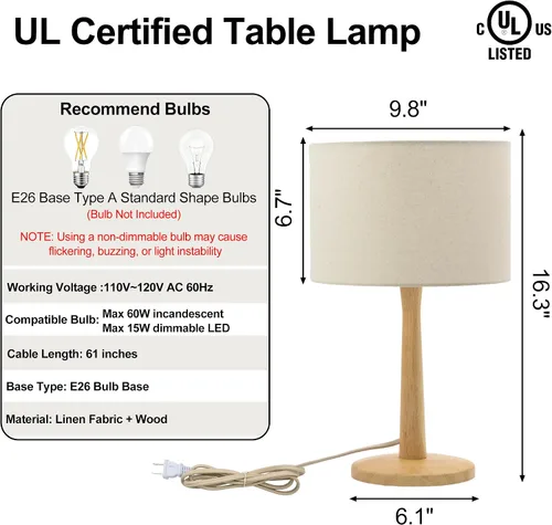 Vista 9 de Lámpara de mesa de madera natural maciza de 16.3 pulgadas con pantalla de tambor de lino para sala de estar, lámpara de mesita de noche regulable