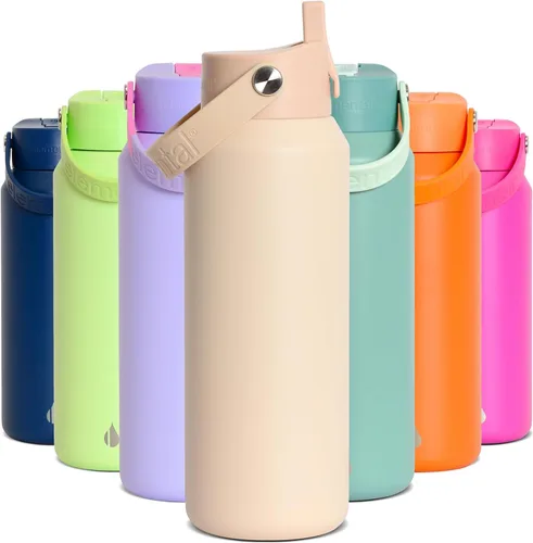 Vista 53 de Elemental Botella de agua aislada de 24 onzas con popote, botellas de agua con núcleo de acero inoxidable 100% a prueba de fugas para viajes, Beige