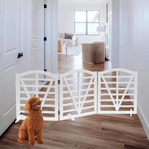 Vista 3 de Puerta de madera para perros, puerta independiente para mascotas, puerta plegable para mascotas, cercas para perros de interior con soporte de 3
