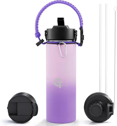 Vista 35 de Botella de agua para niños de 18 onzas, de acero inoxidable aislado con tapa con popote, 3 tapas, a prueba de fugas, mango de paracaídas, sin BPA