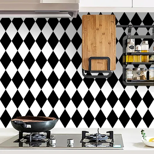 Vista 18 de Papel Adhesivo en Contacto Blanco y Negro en Mosaico a Cuadros, Papel Pintado Desmontable y Autoadhesivo en Lattice, Vinilo Impermeable en Rollo