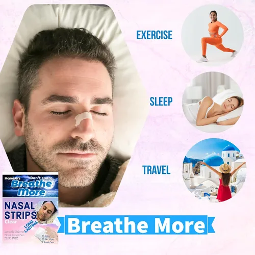 Vista 7 de Tamaño adulto Don't Rone, Breathe More, 50 tiras nasales, 50 toallitas y estuche, tiras nasales, tiras nasales para ronquidos, tiras nasales