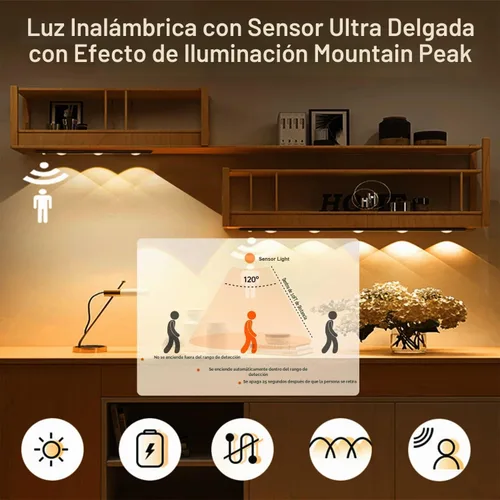 Vista 3 de Sensor de movimiento LED regulable de 3 colores, luz para debajo del gabinete, iluminación inalámbrica magnética recargable para cocina, dormitorio
