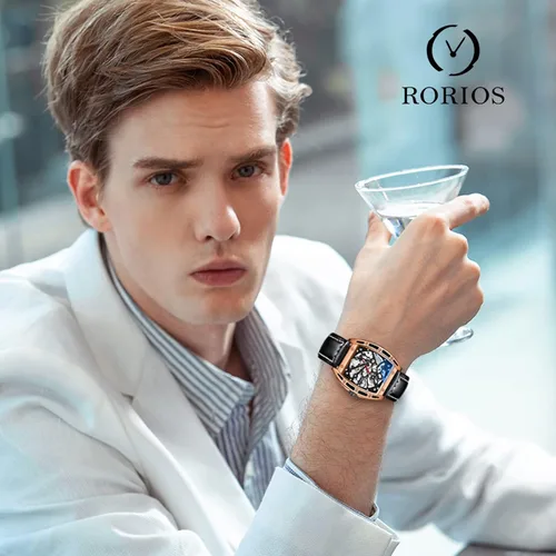 Vista 2 de RORIOS Reloj de esqueleto automático para hombre, reloj mecánico automático con correa de cuero, reloj luminoso Tonneau reloj de viento automático