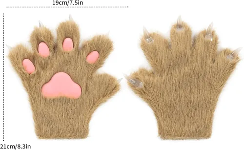 Vista 5 de HAOAN Gato de pelo peludo, lobo, zorro, perro, esponjoso, patas, garras, guantes, manoplas, manos, disfraz de cosplay, Halloween, Navidad para niños