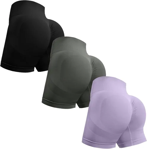 Vista 6 de Ovesport 3 piezas de pantalones cortos de entrenamiento para mujer, sin costuras, con levantamiento de glúteos, cintura alta, para yoga, gimnasio