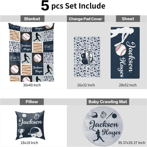Vista 8 de Juego de ropa de cama para cuna de bebé, 5 piezas, diseño de bolas y arco iris, manta de bebé con nombre personalizado, sábana bajera para cuna