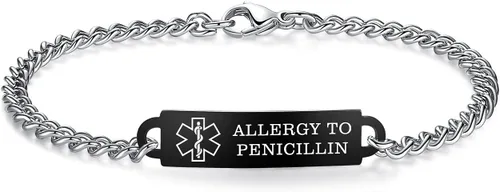 Vista 24 de Pulseras de identificación de alerta médica de 6.5 "-8.5" para mujeres, pulseras de emergencia médica de acero inoxidable, grabado gratuito