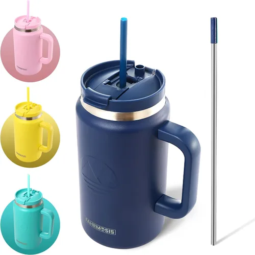 Vista 29 de FAHRMOSIS Vaso de 40 onzas con asa y pajita, taza aislada que cabe en el portavasos para bebidas frías y calientes, vaso a prueba de fugas