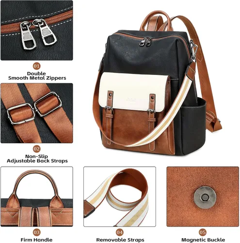 Vista 4 de AGLOD Mochila de cuero sintético para mujer, bolsos de viaje de moda para mujer, bolsos de viaje de trabajo de imitación, Beige- negro-marrón