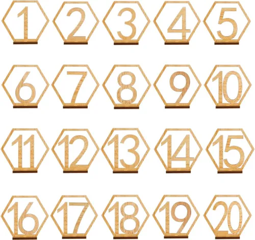 Vista 10 de Números de mesa de madera con forma de corazón del 1 al 20 con base de soporte, tarjetas de madera rústicas huecas para bodas, fiestas, decoración
