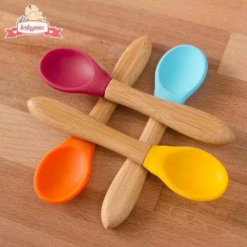 Vista 7 de Cucharas de bambú para bebé, paquete de 4 cucharas de destete para niños pequeños, cuchara de silicona con punta suave de mango de bambú, utensilio