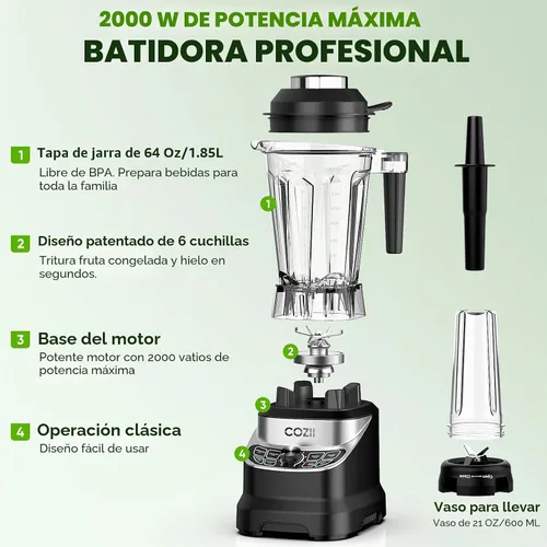Vista 5 de COZII - Licuadora profesional de 2000 W, 64 onzas, batidora de batido de encimera, taza de 21 onzas 7 Presets Blenders for Kitchen,Smoothies/Ice