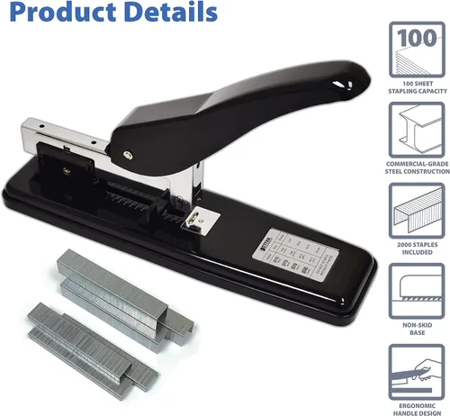 Vista 3 de Better Office Products Engrapadora comercial resistente con 2,000 grapas, acero pulido negro, alta capacidad de 100 hojas, palanca ergonómica