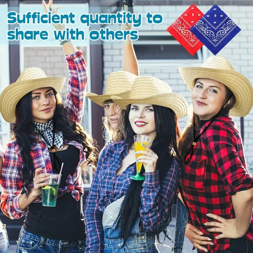 Vista 4 de SATINIOR - Juego de 12 sombreros de vaquero de paja y bandanas para fiesta, sombrero de vaquero para fiesta, disfraz y bandana, accesorios
