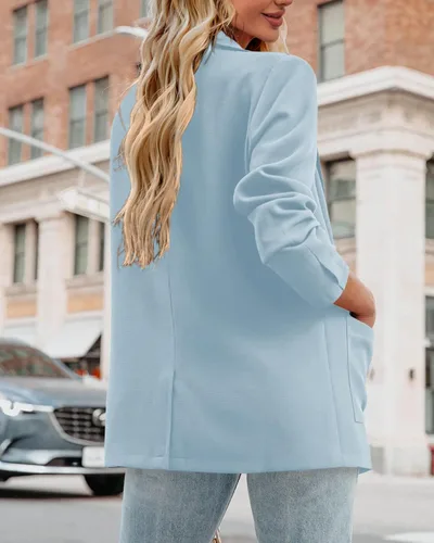 Vista 5 de Saodimallsu Chaqueta casual para mujer, con frente abierto, manga larga, solapa, trabajo, oficina, negocios, abrigo con bolsillos