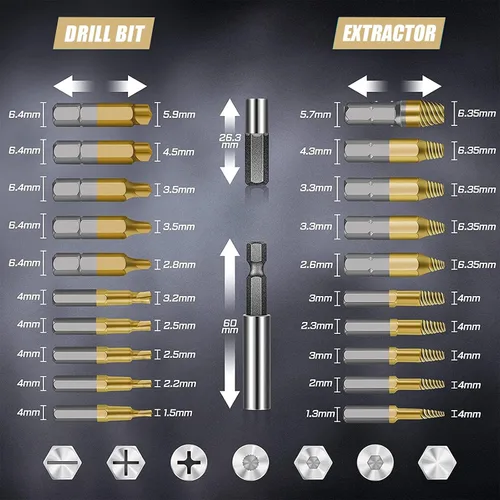 Vista 2 de Juego de extractor de tornillos dañados: kit de extractor de pernos rotos de titanio de 22 piezas - Kit extractor de tornillos pelados fácil