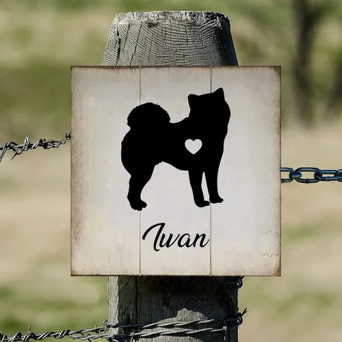Vista 5 de Placa de madera con nombre personalizado de perro Spitz japonés, silueta de corazón, placa de madera para perros que viven aquí casa de campo, arte