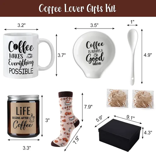 Vista 3 de Vabean Juego de Regalo para Amantes del Café de 5 Piezas - Incluye Taza y Soporte para Cuchara, Vela y Calcetines, Canasta de Café para Hombres