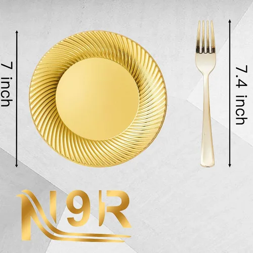 Vista 3 de N9R 60 platos de postre de plástico dorado con tenedores y 72 vasos de plástico dorados