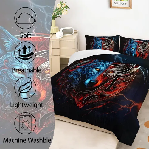 Vista 3 de AILONEN Juego de edredón con cabeza de lobo impresa tamaño individual, juego de ropa de cama de lobo para la noche para niños y hombres, juego