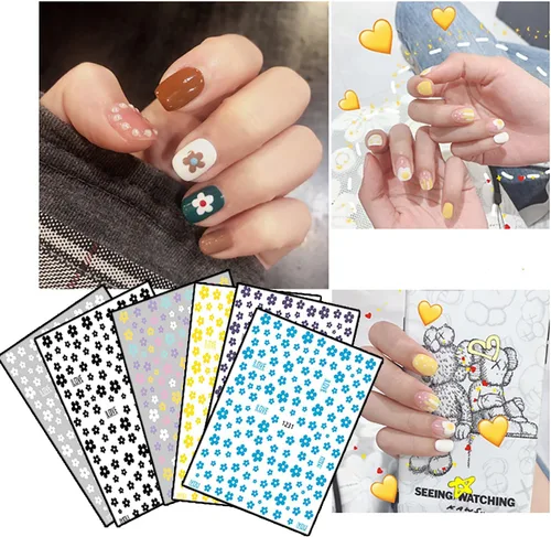Vista 5 de 6 hojas de calcomanías de arte de uñas de flores de verano 3D, calcomanías autoadhesivas para uñas, diseño de arte blanco, amarillo, azul, negro