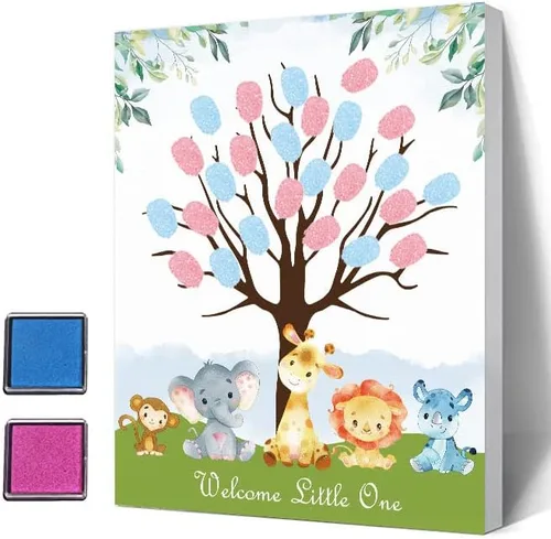Vista 9 de Azbuk Árbol de Huellas Dactilares de Revelación de Género para Baby Shower, Juego de Revelación de Género de Baby Shower de Osito, Libro