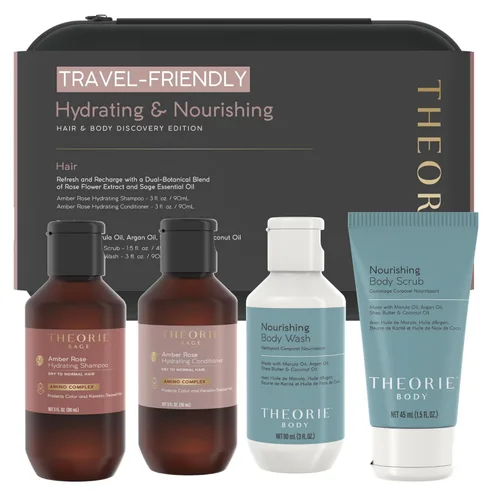 Vista 9 de THEORIE PURE - Juego de artículos de tocador de tamaño viaje, champú hipoalergénico, acondicionador, gel de baño y exfoliante corporal, sin