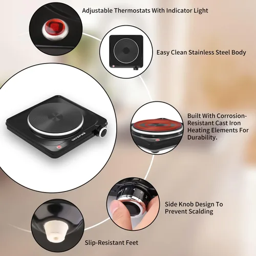 Vista 4 de Vayepro Placa caliente de 1500 W, estufa eléctrica portátil, estufa eléctrica individual, quemador portátil para cocinar, estufa para dormitorio