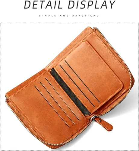 Vista 2 de Cartera de cuero a la moda corta con cremallera RFID función multitarjeta, cartera RFID para hombres, Marrón