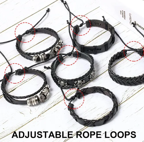 Vista 6 de Black Leather Bracelet, 6Pcs/Set Adjustable Braided Soft Elastic Goth Bracelets, Rock Punk Halloween Skull Bracelet for Men Women