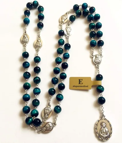 Vista 5 de elegantmedical Hecho a mano Rara Pavo Real BuleTiger Eye Jade Cuentas Siete 7 PELÍCULAS MARÍA MEDALLA Rosario Collar Regalos Católicos, Vidrio