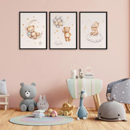 Vista 4 de 3 piezas de arte de pared con marco de oso de peluche para guardería, lienzo con oso durmiendo en la luna y estrellas, decoración de pared, imágenes